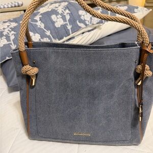 Michael Kors Gray-Blue Canvas Tote with Tan Rope Handles